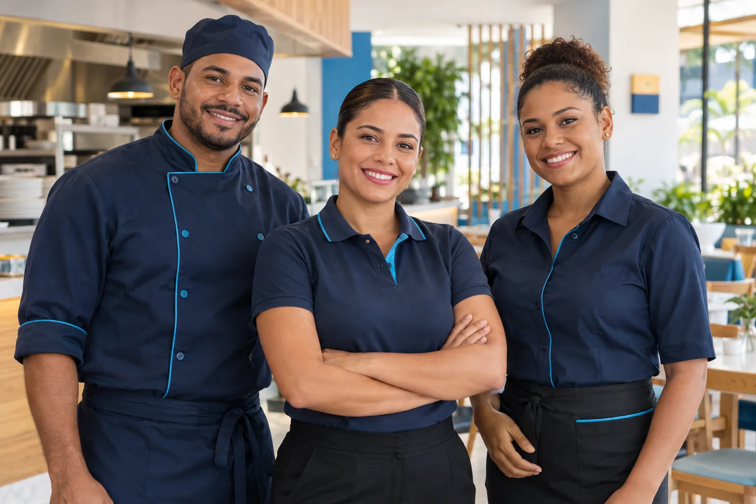 Ilustración de un equipo de cocina y servicio en un restaurante