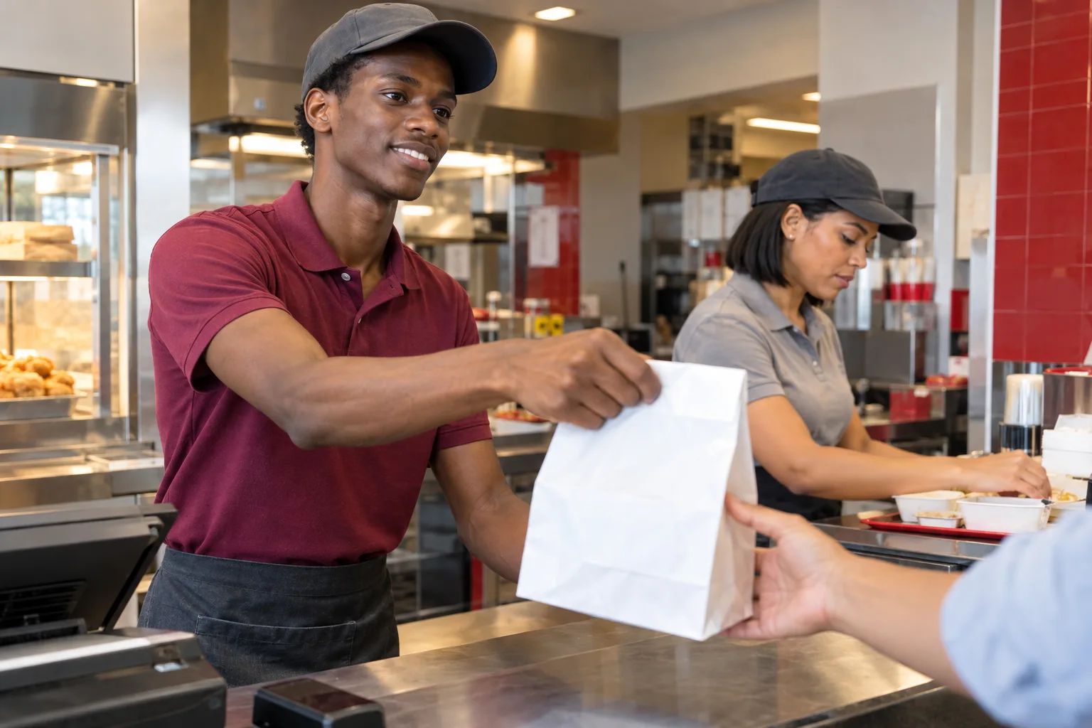 Colaboradores coordinando pedidos en un restaurante de servicio rápido
